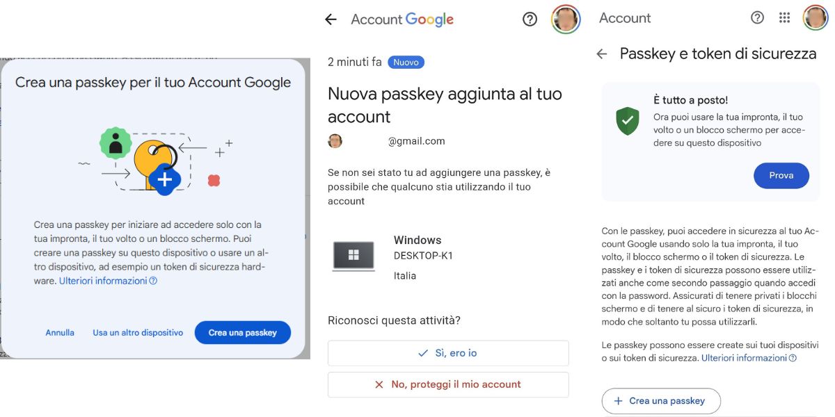 Procedura di acccesso con passkey google